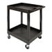 A Luxor black plastic utility cart with two shelves and wheels.