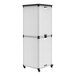 A white steel rectangular classroom bookcase with black shelves and wheels.
