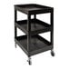 A black plastic utility cart with three shelves and wheels.