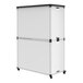 A black and white steel mobile bookcase with two stacked units on wheels.
