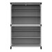 A white steel Luxor classroom bookcase with black shelves on wheels.