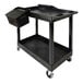A black Luxor utility cart with black tub shelves and black outrigger bins.