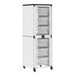 A black and white Luxor storage cabinet with whiteboards and pegboards.