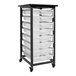 A black metal cart with 8 small clear plastic bins.