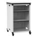 A white and black steel Luxor mobile classroom bookcase with wheels.