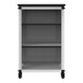 A white and black steel mobile bookcase with shelves and wheels.