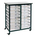 A black storage cart with clear plastic bins on each shelf.