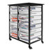 A black cart with clear plastic bins attached to it.