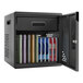 A black metal Luxor charging cabinet with several tablet computers inside.