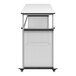 A white Luxor teacher desk with a black border on the top and wheels.