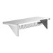 A stainless steel shelf with metal rods and hooks.