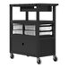 A black Luxor teacher cart with three shelves on wheels.
