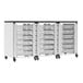 A white and black Luxor mobile storage cabinet with whiteboard, pegboard, and plastic bins.