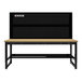 A black workbench with a natural wood top and black legs.