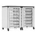 A white and black Luxor mobile storage cabinet with whiteboard, pegboard, and small bins.