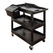 A black Luxor plastic utility cart with two shelves and two black bins on top.