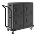 A black storage cart with four black lockers.