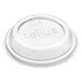 A white plastic round vented dome lid with the word Tellus on it.