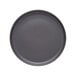 A close up of a black Libbey Driftstone granite satin matte porcelain flat coupe plate.