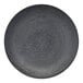 A black porcelain coupe plate with a matte finish and a gray rim.