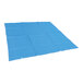 A blue Vestil quilted moving blanket on a white background.