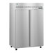 A silver Hoshizaki reach-in refrigerator with stainless steel doors.