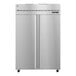 A silver Hoshizaki reach-in refrigerator with two doors.