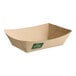 A rectangular compostable bamboo food tray with a natural brown color and a small green New Roots logo on the side.