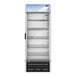 A white Hoshizaki glass door freezer with shelves inside.