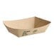 A rectangular compostable bamboo food tray with printed text on the side.
