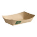 A rectangular compostable bamboo food tray with a natural brown color and a small green label on the side.