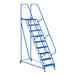 A blue steel Vestil maintenance ladder with metal bars.