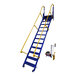 A blue and yellow Vestil electric folding mezzanine ladder with a yellow handle.