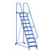 A blue Vestil steel maintenance ladder on wheels.