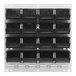 A white steel louvered panel with black bins on it.