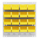 A Quantum white louvered panel with yellow bins on a white surface.