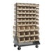 A Quantum gray steel mobile rack with many bins attached.