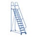 A blue Vestil steel maintenance ladder with grip strut steps on wheels.