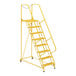 A yellow Vestil steel maintenance ladder with grip strut steps.