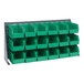 A Quantum gray steel bench rack with green bins on open shelves.