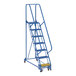 A blue steel Vestil 7-step ladder with wheels.