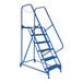 A blue metal Vestil maintenance ladder with wheels.