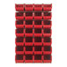 A stack of red bins on a Quantum white louvered panel.