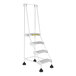 A white Vestil commercial rolling step ladder with perforated steps and four steps.