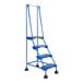 A blue metal Vestil commercial rolling ladder with perforated steps and four steps.