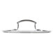 A close-up of a silver Vollrath low dome lid with a handle.