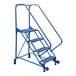 A blue metal Vestil 4-step ladder with red wheels.