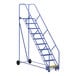 A blue steel ladder with wheels.