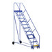 A blue steel Vestil warehouse ladder on wheels.