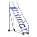 A blue Vestil steel rolling warehouse ladder with wheels.